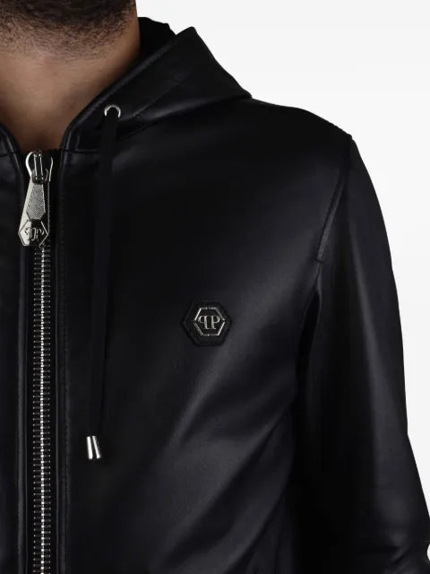 Philipp Plein hooded logo leather jacket