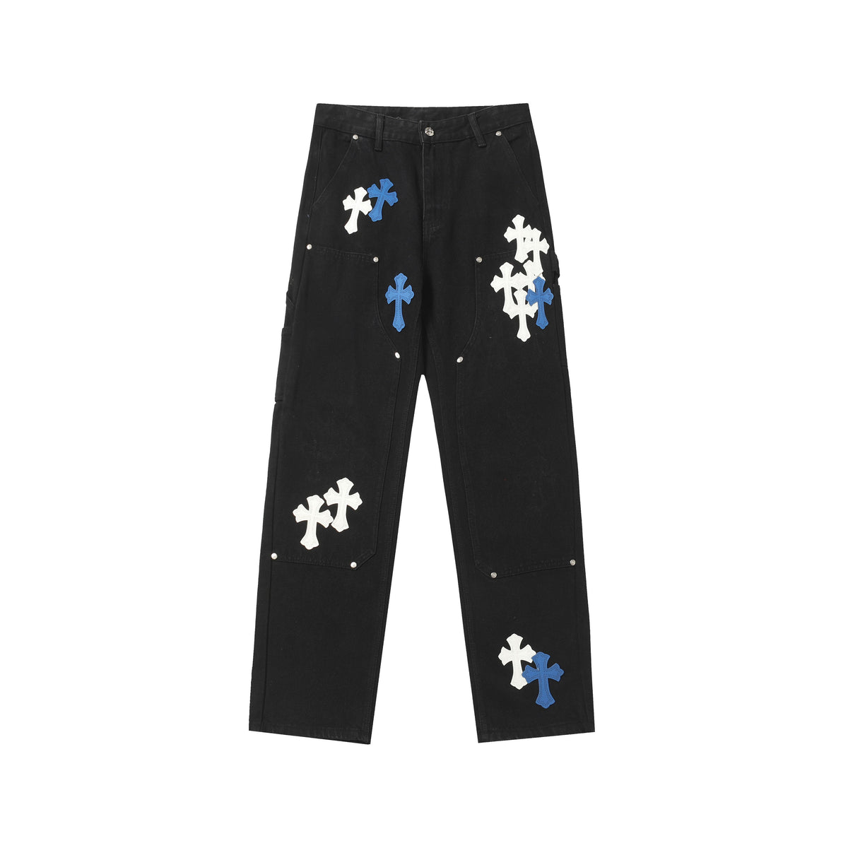 Chrome Hearts White & Blue Leather Cross Patches Jeans