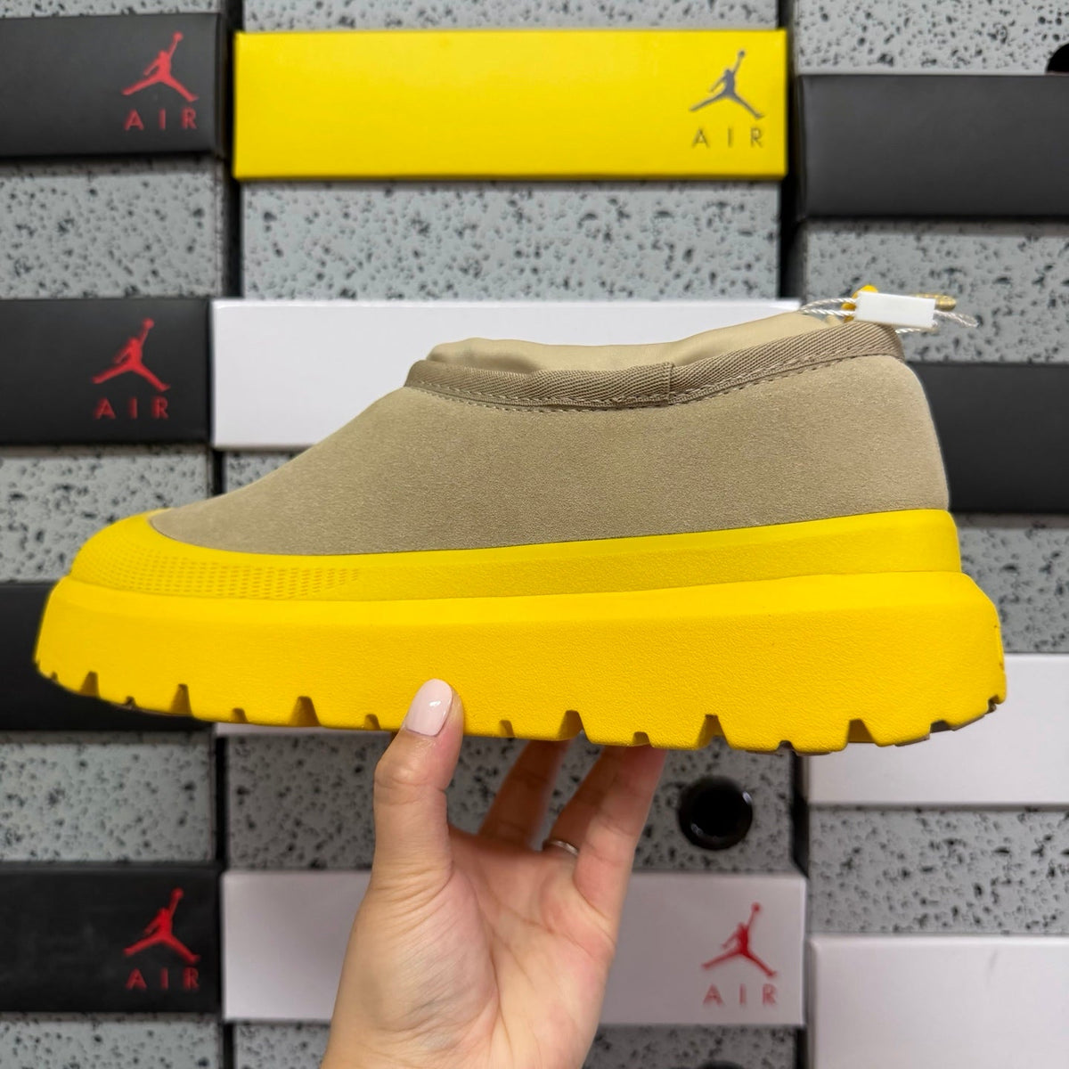 UGG Tasman X Platform Slip-On – Suede Clog with Shearling Lining, Paracord Toggle & Bold Yellow Chunky Platform Sole in Sand