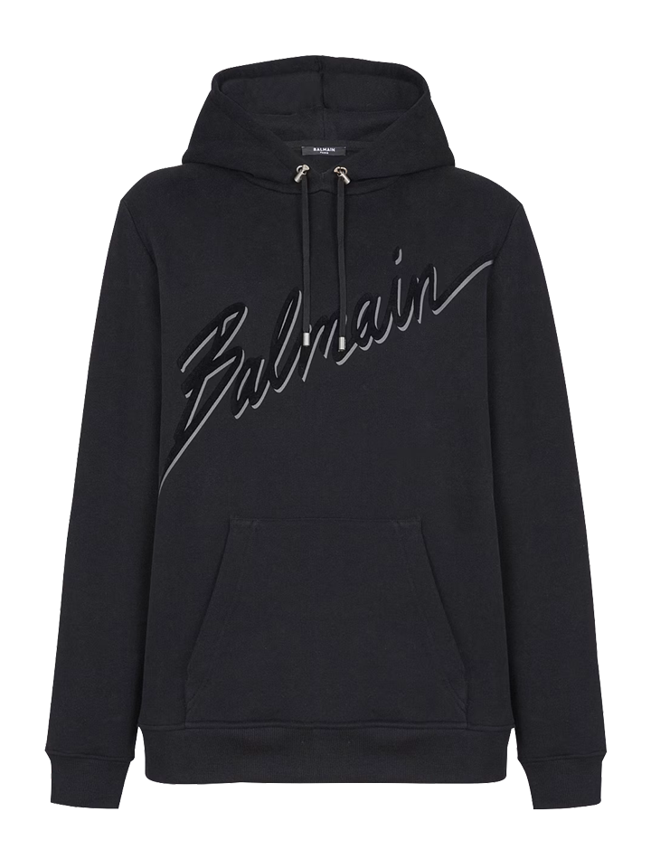 Balmain Flocked Script Logo Hoodie in Black