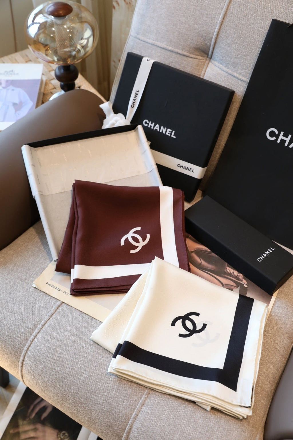 Chanel Style Contrast-Border Lightweight Shawl