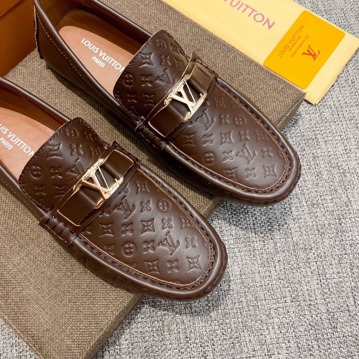 Louis Vuitton Men's Brown Embossed Hardware Loafers