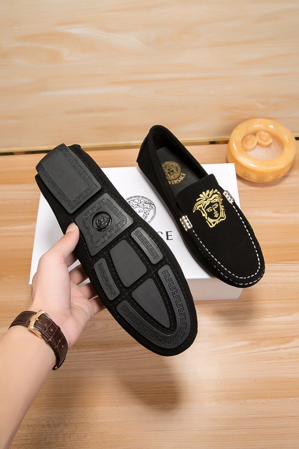 Versace Men's Gold-Embroidered Loafers