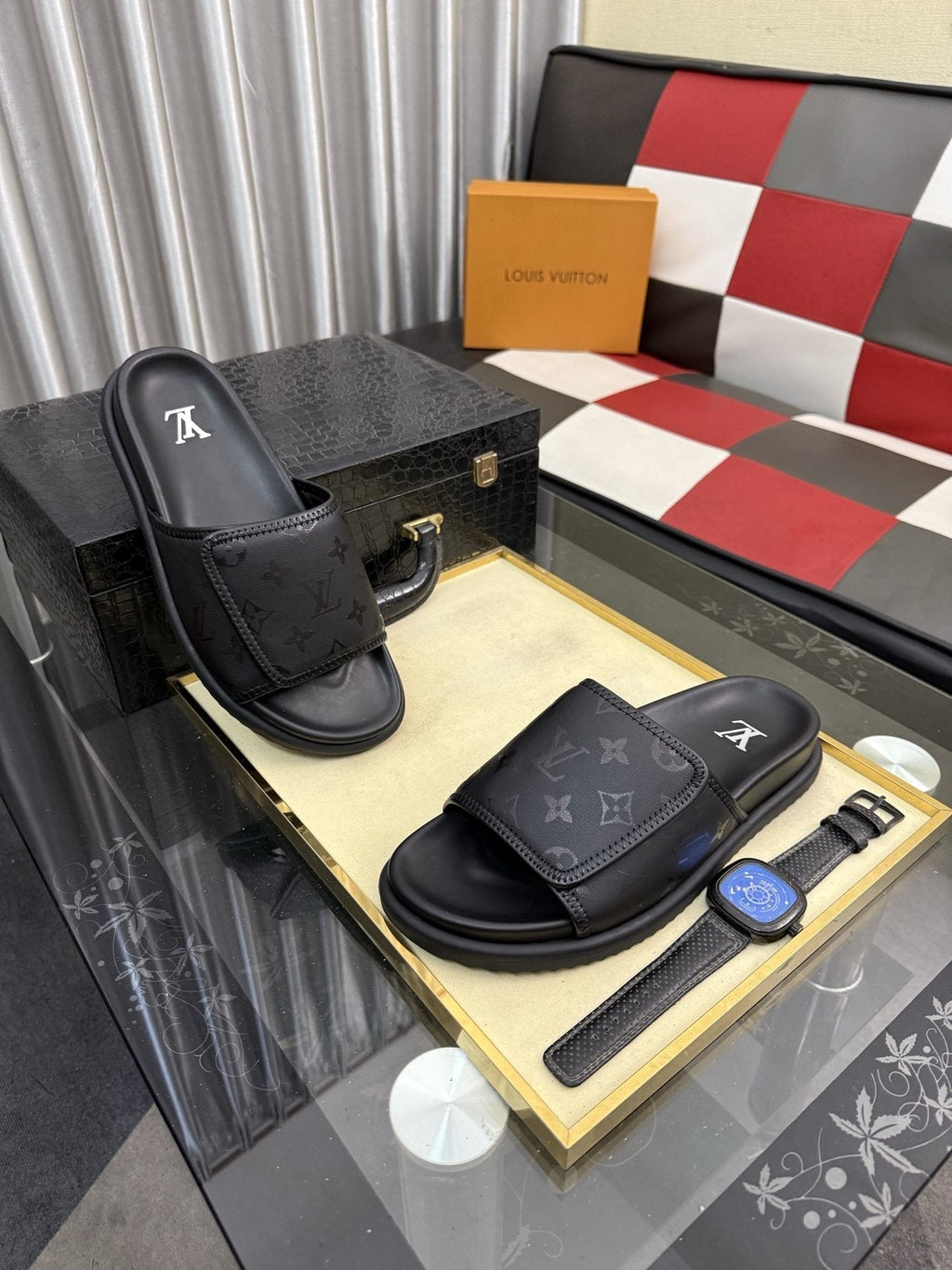 Louis Vuitton Black Monogram Slide Sandals - Wide Monogram-Pattern Strap