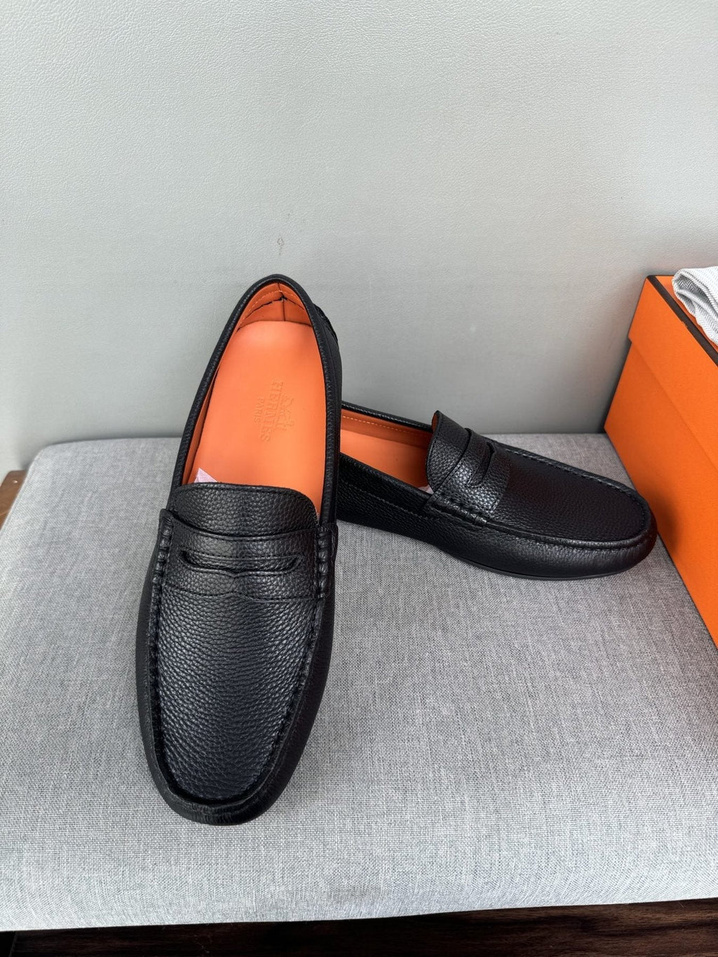 Hermès Men's Black Textured Penny Loafers