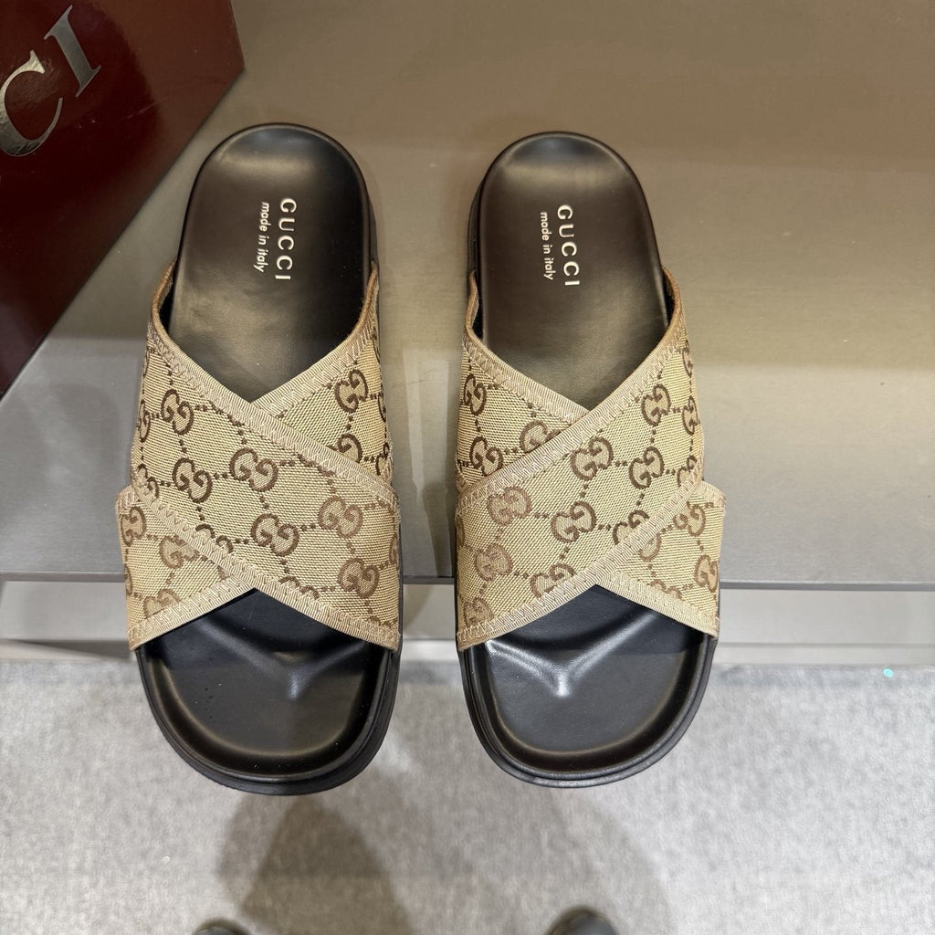 Gucci Men's Patterned Cross-Strap Slide Sandals