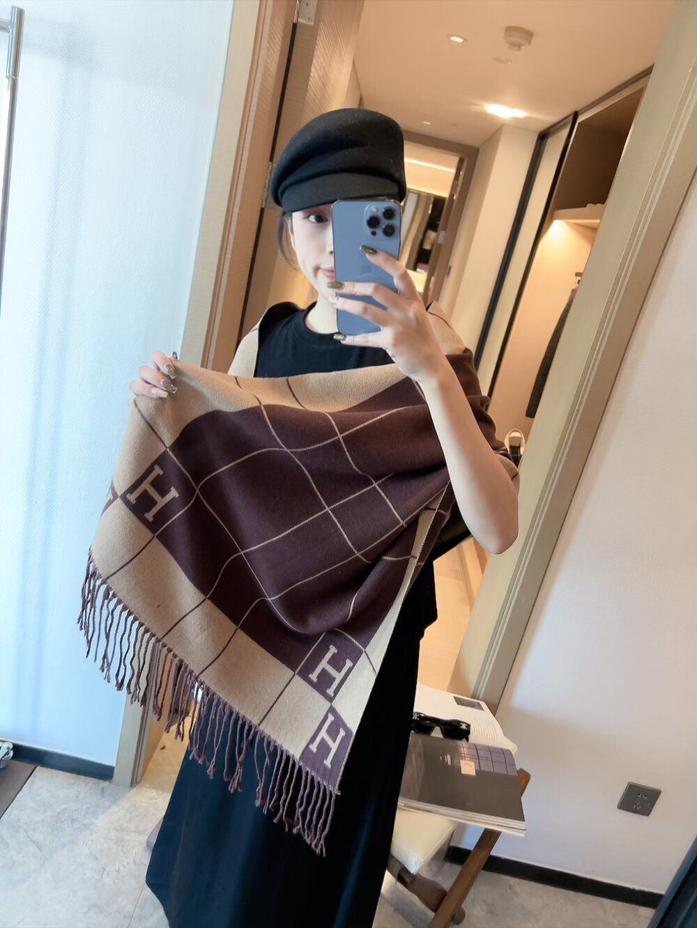 Hermes Fringed Grid Motif Scarf
