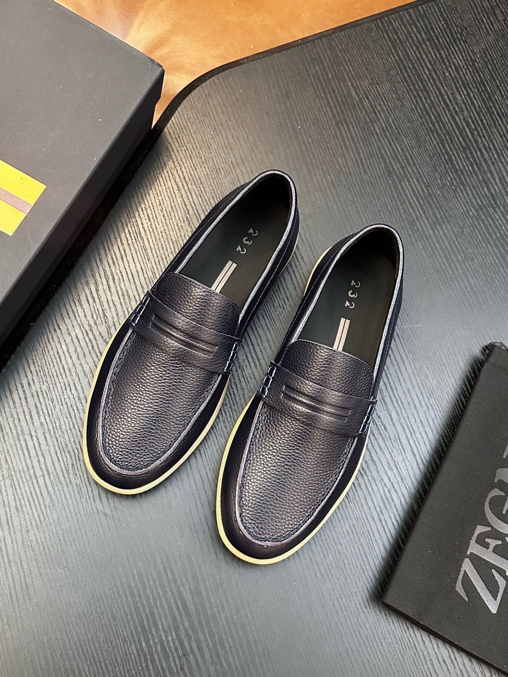Zegna Textured Leather Strap Loafers