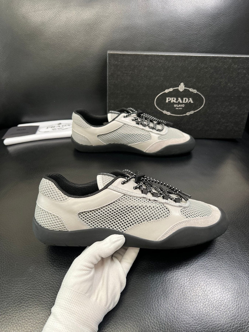Prada White, Gray & Black Low-Top Sneakers